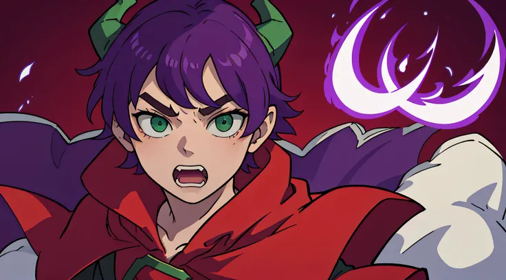 top-quality、(Deformed)、Boy with short purple hair、Green eyes、demonic horns、The costume is a red cape、Greenscreen background