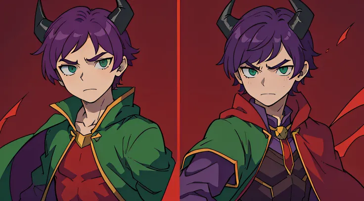 top-quality、(Deformed)、Boy with short purple hair、Green eyes、demonic horns、The costume is a red cape、Greenscreen background