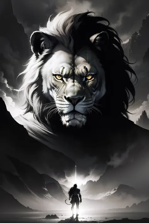 prompt
design circular, , Frank Frazetta 2d illustration, epic lighting, Realistic, cinematographic. nature background, black and white, man facing lion --v5.1--stylize 500 -or 3.4