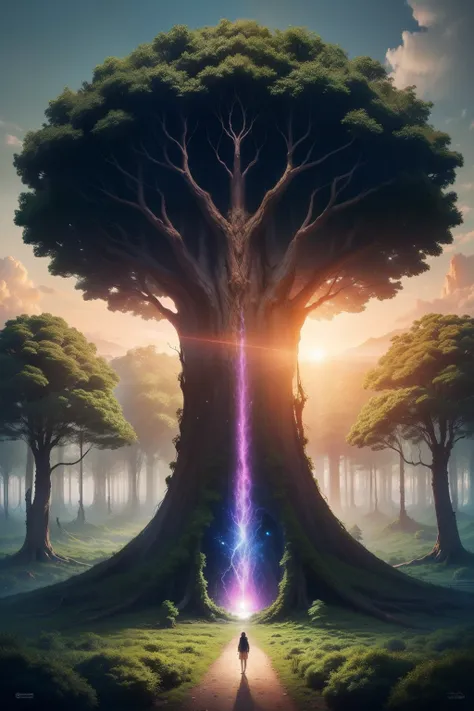 Criar Um novo planeta terra do futuro do bem, onde, a tecnologia e a natureza, se conectam, Transforming a beautiful technological forest, musical and psychedelic, represented by beautiful large mother tree, viva tropical, com um lindo por do sol, Hiding b...