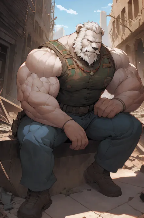 extremely detailed, detailed face, detailed eyes, detailed muscle, (view full body), ((1man)), ((furry bear)), (object (big muscular old man soldier sitting resting in the ruins of the building)), the old man is soldier and wearing soldier uniform, old man...