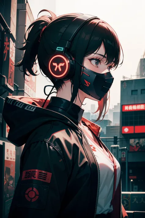 cyberpunk, illustration profile of red led female samurai in a mask, wearing over head headphones staring down, side view looking to the right, tokyo Japanese background, pro vector, high detail, vibrant, Japanese hologram symbols, barcode design, 4k, uhd,...