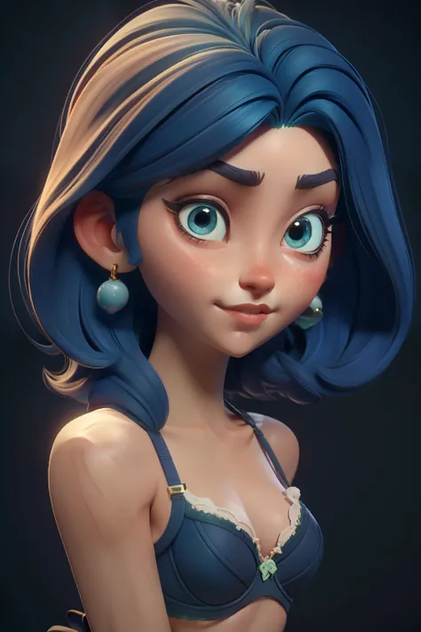 Close -up,Letter. full-body, 3D Face Pattern, Sweet and delicate girl, With long dyed hair,chocolate,Short blue hair,bra underwear,green eyes,Metal round earrings,muted colors,