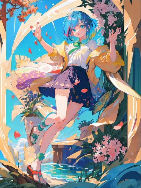 (best quality),(masterpiece:1.2), (highres), (extremely detailed), (highly detailed face), (highly detailed eyes), whole body, 1girl, (solo) , radiance, small breasts, (colorful hair:1.2) ,(colorful eyes), double tail, (falling petals:1.2), short hair, shi...