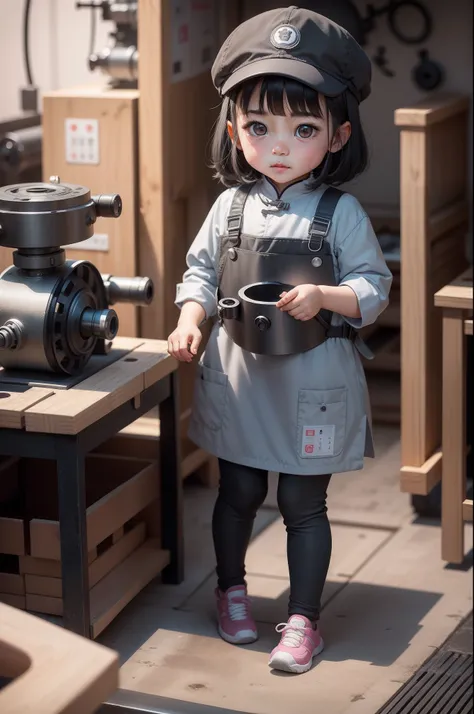 A cute 3 year old girl in China， Wear a cap，Gray tooling，Gray trousers，Lathe operation，Workshops, Workshops，assembly line，Black hair， adolable， with brown eye，by Pixar, tchibi，frontage，Full body portrait