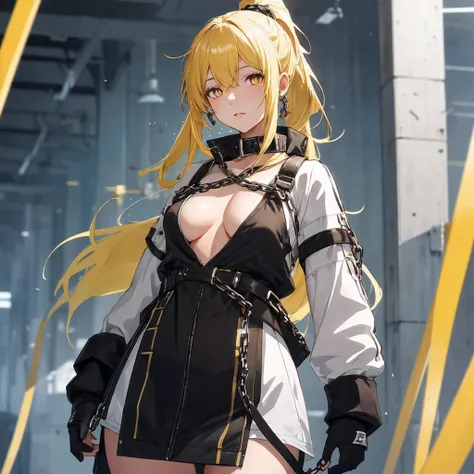 1 girl, yellow hair, brown eyes, small breasts,ponytail,medium breasts, female, Teenage, Long Hair, Sexy,bright pupils, nearl（arknights），chain of collar