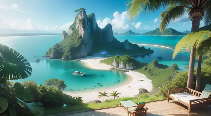 Beautiful very realistic large lagoon, Inside an island in the sea around the jungle, Beautiful hotel on the coast, 3D top view。Emerald green transparent sea water、White sandy beach、green grass々and tropical plants、Sunny lagoon、The sound of waves rushing sl...