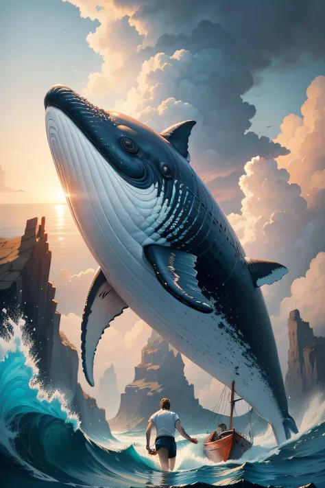 Painting of jonas facing a giant whale a boat in the background, an illustration by David G. orensen, Shutterstock, Arte conceptual whale in water, bible illustration, forcing him to flee, Llegando a tierra, epic biblical depiction, jonas spitted by the wh...