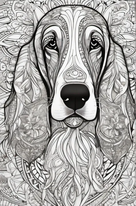 Basset Hound for a coloring, linhas em negrito, linhas escuras, estilo mandala, simetrico, fundo branco, Arte de linha limpa, arte de linha fina, preto e branco, colorir