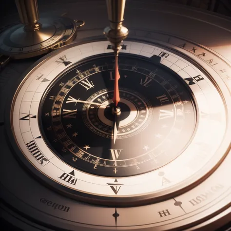 (description) (max quality) a round clock with the left half being a compass and the right half being a Roman numeral clock with the color black