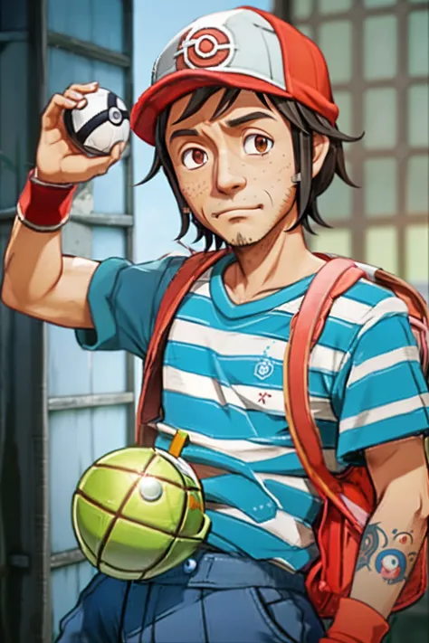 there is a man chavo del ocho holding a pokemon ball and a backpack, inspired by junpei satoh, miyamoto abduzeedo, akihiko yoshi...