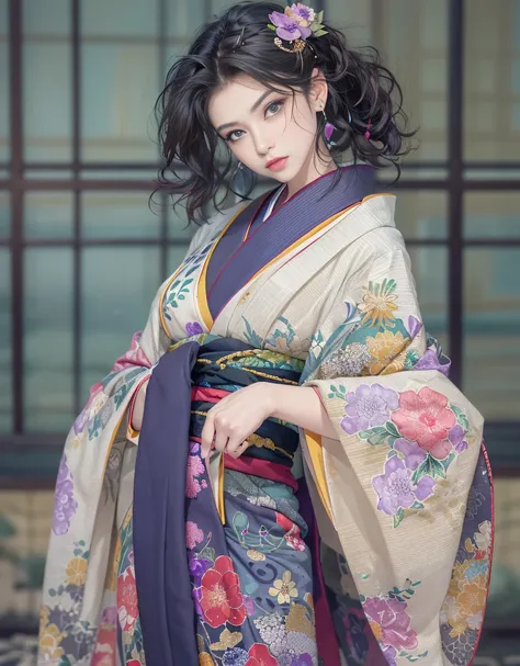 (Beautiful model in Japanese kimono commercial, beautiful straight long black hair), solo, ((face is 80% beauty and elegance, 20% pretty and cute:1.5)), clear eyes, (detailed eyes, light green eyes, bright pupils), Double Eyelids, (sexy lips with a little ...