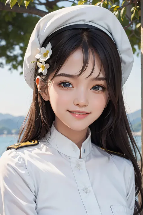 A beautiful girl，A sweet smile，（Face details：1.6），Wearing a white navy uniform，fresh flowers，lakes，parks