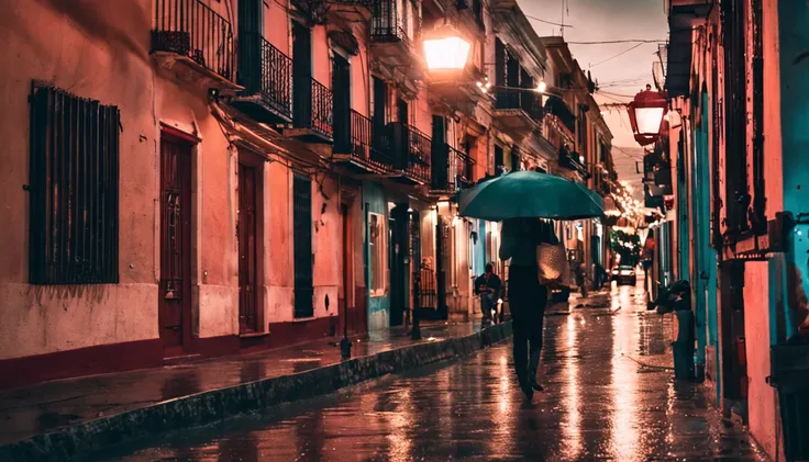 En una noche tranquila, The streets are drizzling and full of bright restaurants and hotels. Las farolas modernas arrojan una luz suave sobre la escena lluviosa, creating a beautiful atmosphere. Los peatones sostuvieron apresuradamente paraguas, y algunos ...