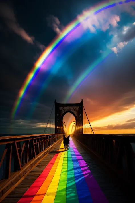 "a bridge made from a rainbow spanning the sky, a dog with angel wings strolls along the vibrant rainbow, exuding beauty and melancholy."