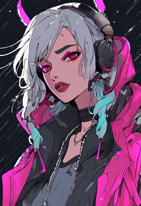 lucy (cyberpunk), 1girl, hair scrunchie, hime cut, silver hair, colored tips, full moon, grey eyes, jacket, long sleeves, looking at viewer, medium hair, multicolored hair, parted bangs, parted lips, pink hair, portrait, red eyeliner, red lips, solo, white...