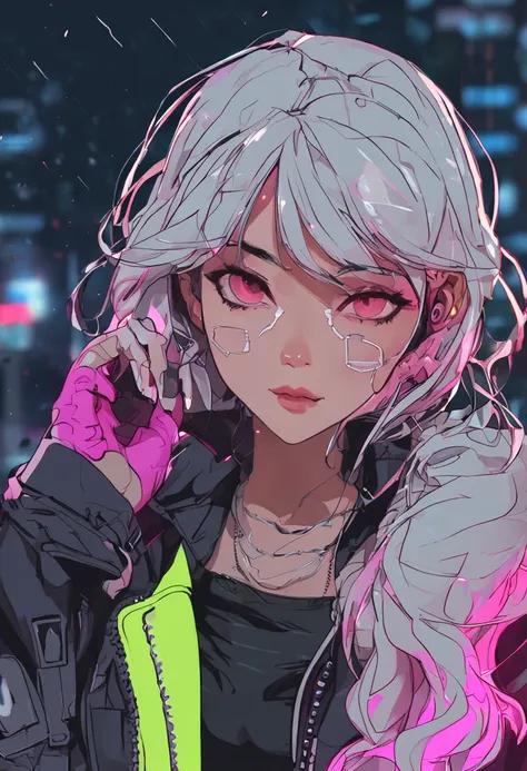 lucy (cyberpunk), 1girl, hair scrunchie, hime cut, silver hair, colored tips, full moon, grey eyes, jacket, long sleeves, looking at viewer, medium hair, multicolored hair, parted bangs, parted lips, pink hair, portrait, red eyeliner, red lips, solo, white...