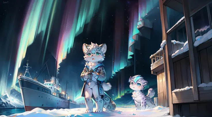 Furry mascot，Furry Fur，Standing furry fur，Furry snow leopard，Standing snow leopard，Lovely image，snow leopard，Cute furry，Large research vessels，Snow leopard on ice，Beautiful aurora，Look at the aurora, Long, Fluffy tail，In the Arctic，The ship is brightly lit...