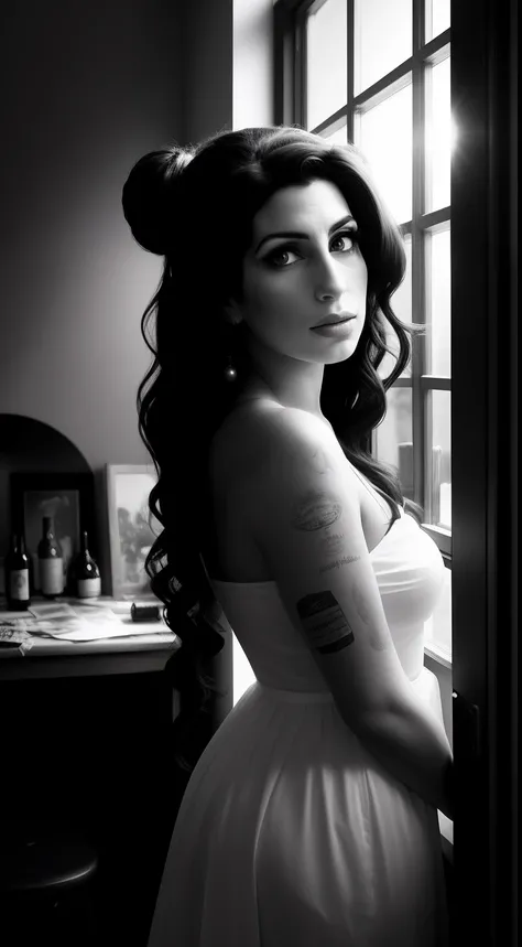 In the realm of photography, capture Amy Winehouses essence. A wide-angle lens (24mm) is used to frame her in a candid moment backstage, amidst her artistic chaos – a blend of music sheets, wine bottles, and vinyl records. The monochromatic palette evokes ...