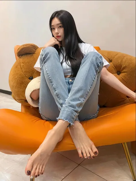 There was a woman sitting on the couch, ( ( ( Wearing jeans ) ) ), Jeans, sit on a bed, Long thin legs, very cozy], height of 165cm, 155 cm tall, legs visible, Long legs, Wearing jeans, Gray color，top-quality，8K，tmasterpiece：1.3，Sharp focus：1.2，perfect bod...