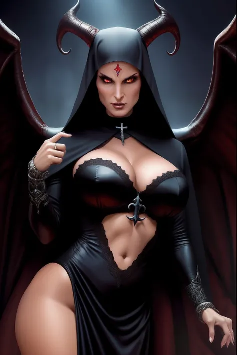 Lisa Ann: The evil nun, Demon horn on the head, demon wings,diabolique, insidieux, Context of the Satanic Church,  Realistic detailed eyes, realistic hands