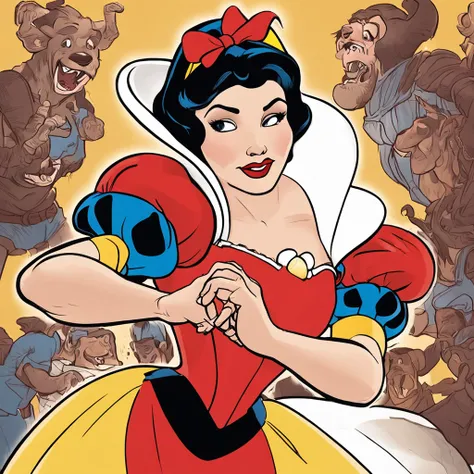 (best quality, masterpiece), 1girl, midle-age, right top side view, dressed as Snow White ((Disney)), dark short hair, Boxer, yellow dress, ring, alf body, full arms and hands, stage light, boxing Red big gloves, atack Fighting, full flat black background,...