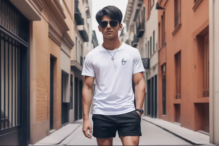 A handsome boy stands on the street in a white T-shirt and black shorts. --auto --s2