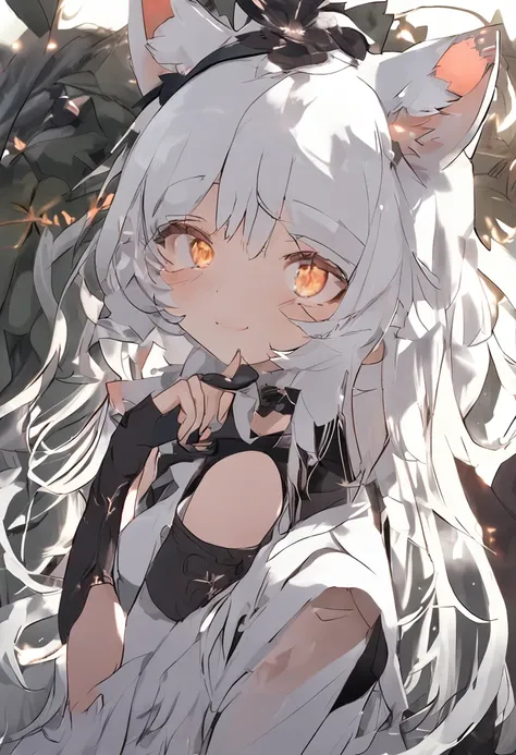 1girl, white hair, fox ears, heterochromia, elegant black dress