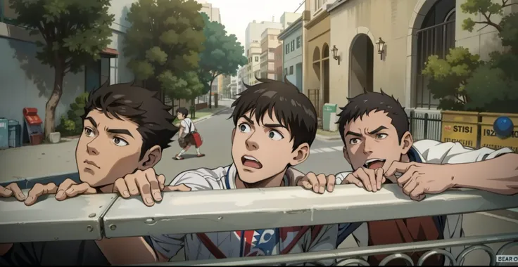 Anime scene, three boy teenager friends by the fence, street background