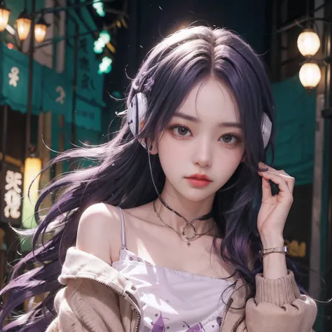 1girll，hoody，Purple hair，Extra-long hair，cropped shoulders，feathers hair ornament，headphones around their necks，城市，the night，exteriors