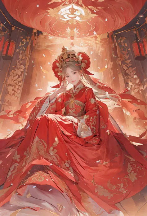 realisticlying，8K，Best quality at best，delicate patterns，intricately details，A woman in a red and gold dress，Sit right in the center，Palace，A girl in Hanfu，a beautiful fantasy empress，((a beautiful fantasy empress))，Perfect facial features，Exquisite facial...