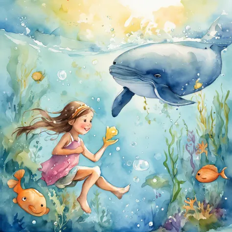 Childrens book illustration：Girl in white swimming with whales at the bottom of the sea，The whale jumped out, The bubbles around the surface of the water slowly rise，Sunlight slanting, prime time,