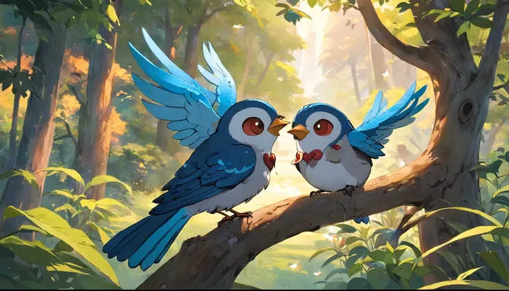 Create an animated tableau set in a tranquil village nestled beside a lush, green forest: Picture a spirited sparrow, Pip, adorned with vibrant blue wings, engaging a group of travel-worn visitors. Capture the scene with Pip perched on a village fence or a...