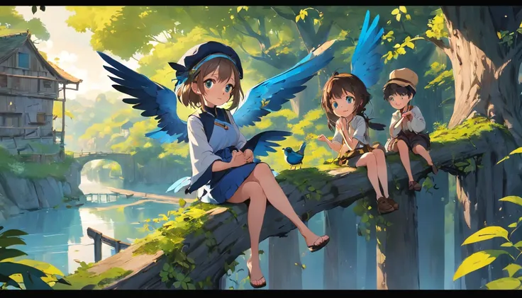 Create an animated tableau set in a tranquil village nestled beside a lush, green forest: Picture a spirited sparrow, Pip, adorned with vibrant blue wings, engaging a group of travel-worn visitors. Capture the scene with Pip perched on a village fence or a...