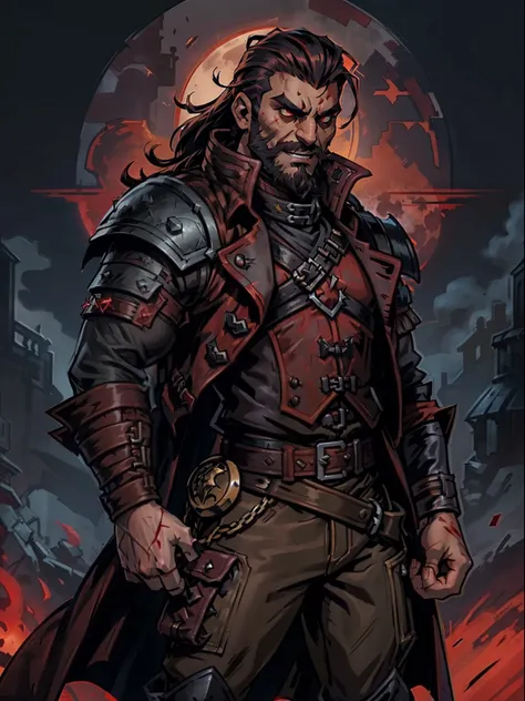 Blood moon background, Darkest Dungeon style, taking treasure. Sadurang from Marvel, hunk, buffed physics, short mane hair, ((mullet)), defined face, detailed eyes, short beard, glowing red eyes, dark hair, wily smile, badass, dangerous. Wearing ((trench c...