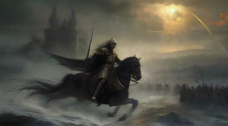 No meio de uma guerra medieval, A demon rides on a black horse across the battlefield. A golden light radiates from his head, highlighting its sinister presence. His sword is an instrument of bloodshed, enquanto o conflito assola. The scene is a supernatur...