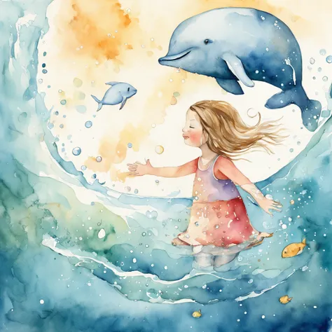 Childrens book illustration：Girl in white swimming with whales at the bottom of the sea，The whale jumped out, The bubbles around the surface of the water slowly rise，Sunlight slanting, prime time,