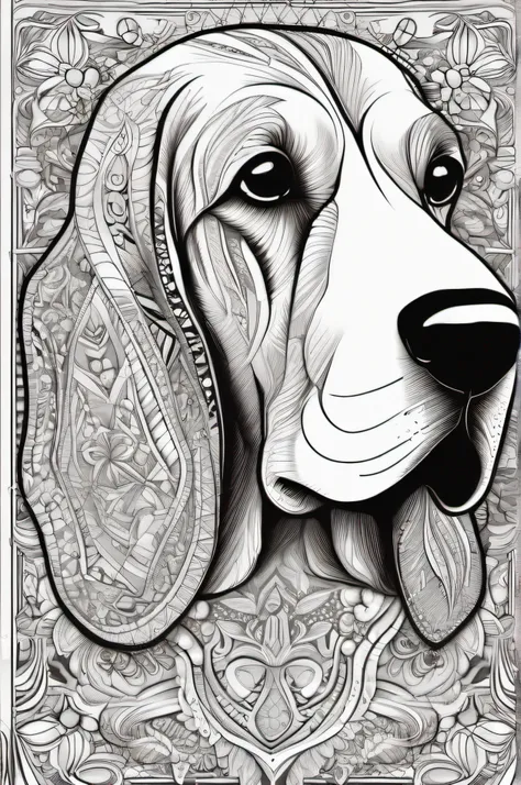 Basset Hound for a coloring, linhas em negrito, linhas escuras, estilo mandala, simetrico, fundo branco, Arte de linha limpa, arte de linha fina, preto e branco, colorir