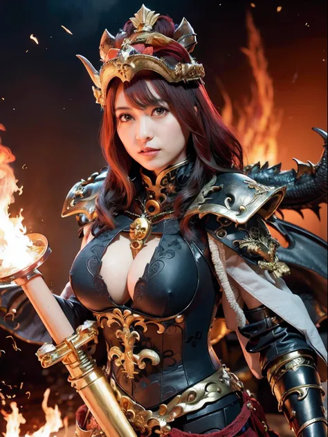 (masutepiece), Professional , ​masterpiece、top-quality、photos realistic , depth of fields 、（Dragon Black Metal Body:1.９),(Matte Blue Black、（cleavage of the breast）、Dragon Gold Weapon（Dragon Metal Body:1.４),Gorgeous gold weapons ,（（ Dragons dense and gorgeo...