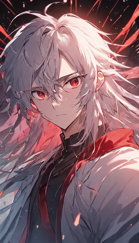 male people，((Masterpiece)), ((Best quality)), Ultra detailed,((illustration)), Dynamic Angle, Detailed light, (Delicate eyes), 1boy, Male focus, White hair, Very long hair, Red eyes, Mysterious storyline, Vibrant colors, Clear lines, High sharpness, Detai...