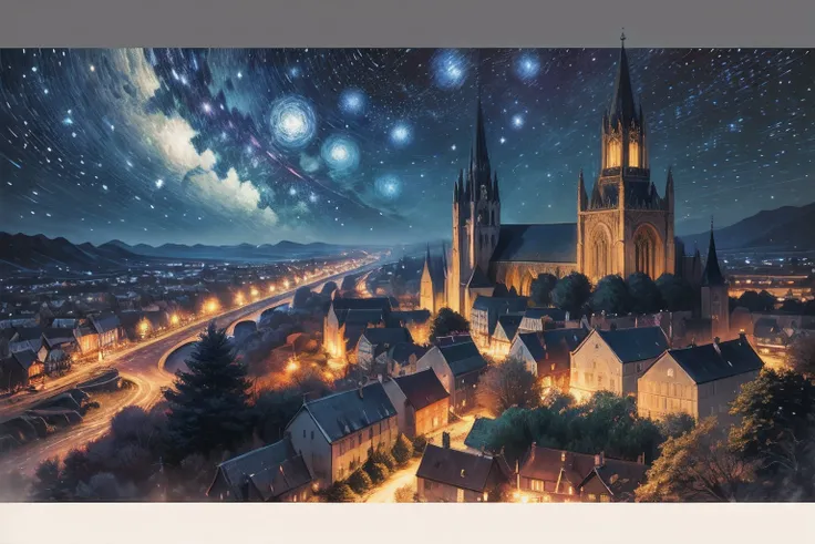 ultra detailed landscape photography, like Starry Night by Vincent Van Gogh, the tree and small village with cathedral under starry night, abstract and impressionism, chiaroscuro