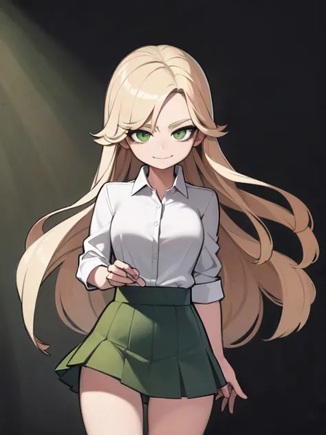 ((masterpiece, best quality)), (1girl), (solo), (female focus), (straight hair, blonde hair, long hair), dark green eyes, light smile, green lipstick, ((white shirt), (buttoned shirt), (button gap)), ((dark green skirt), (short skirt)), standing, white bac...