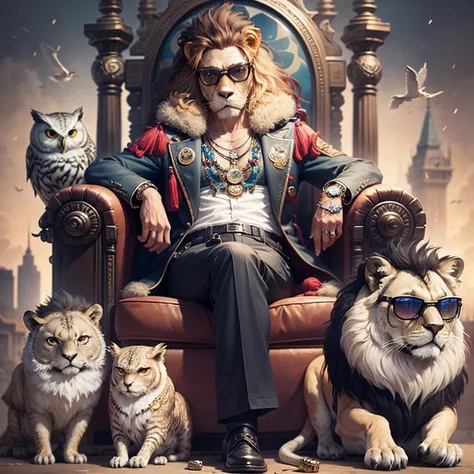 masterpiece, best quality, realistic, fashion lion, lion, glasses on the head, gears, gemstones, goggles, gold, jewelry, magic circle,male_focus, owl, pants, shoes, sunglasses, tassel, throne,