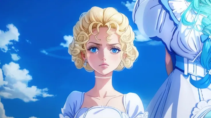 A princess with curly blonde hair, beautiful blue eyes, dressed in a blue and white gown, looking annoyed.