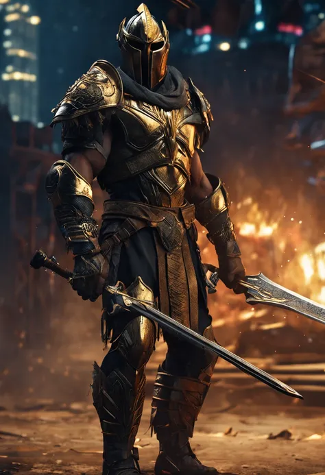 spartan warrior, fighting , stunning armor, black gold armor, epic, 8k