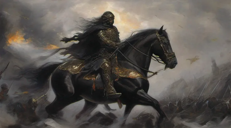 No centro de uma guerra medieval, A demon rides a black horse across the battlefield. A golden aura emanates from his head, enquanto sua espada se mancha de sangue derramado. O cavalo, Just like the demon in armor, is sculpted to perfection, no genetic fla...