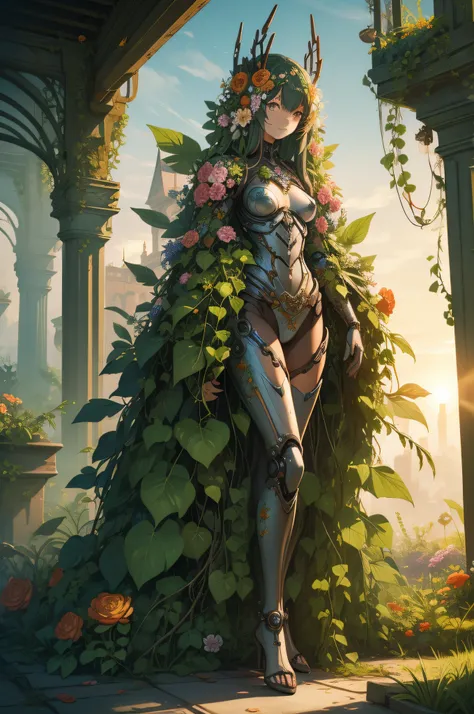 1womanl, Machine man covered with many flowers and plants, Metal body, Metal bones and springs, Steampunk, body covered with flowers, Ivy-entwined feet, full-body view, Splatter Watercolor, Soft sunset settings, in 8K, masutepiece, Best Quality,