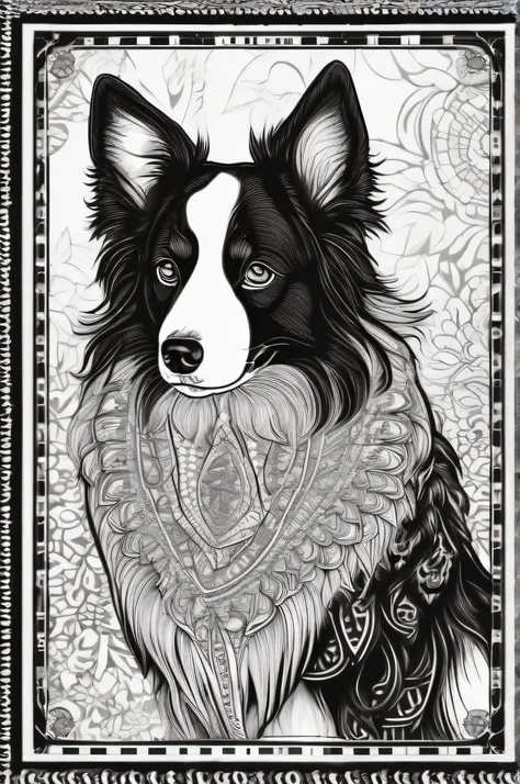 Border Collie for a coloring, linhas em negrito, linhas escuras, estilo mandala, simetrico, fundo branco, Arte de linha limpa, arte de linha fina, preto e branco, colorir