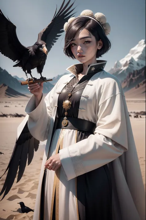 Short-haired woman blowing conch in white embroidered coat，cabelos preto e longos，and freckles on his face，Stand on the vast wilderness，Circling ravens，liberta，Photographer Zhang Jiachengs photographic style，Stage play effect，Bright and witty vintage tones...