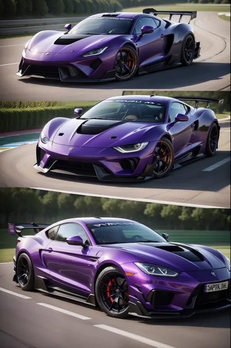 Sports car with full hd detailed purple airfoil facing a racing plague